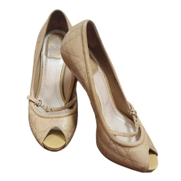 Christian Dior Beige Quilted Leather Mary Jane Peep Toe Heels Pumps EU 37 - Picture 5 of 16